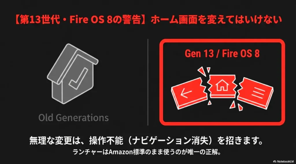 最新のFire OS 8でホーム画面を無理に変えるとナビゲーションが消失し操作不能になるため、Amazon標準のまま使うべきだと警告する画像