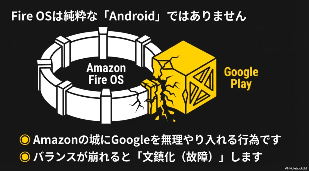 Amazon Fire OSという独自の城にGoogle Playを無理やり入れることで、バランスが崩れ「文鎮化(故障)」するリスクを図解した画像