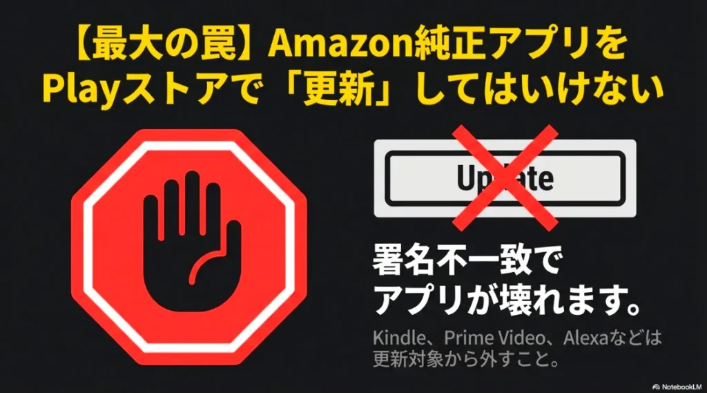 Kindle、Prime Video、AlexaなどのAmazon純正アプリをPlayストアで更新すると、署名不一致でアプリが壊れることを示す警告画像