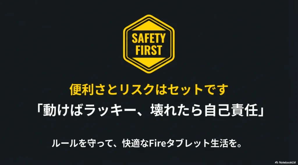 便利さとリスクはセットであり、「動けばラッキー、壊れたら自己責任」というルールを守って快適に運用することを総括する画像