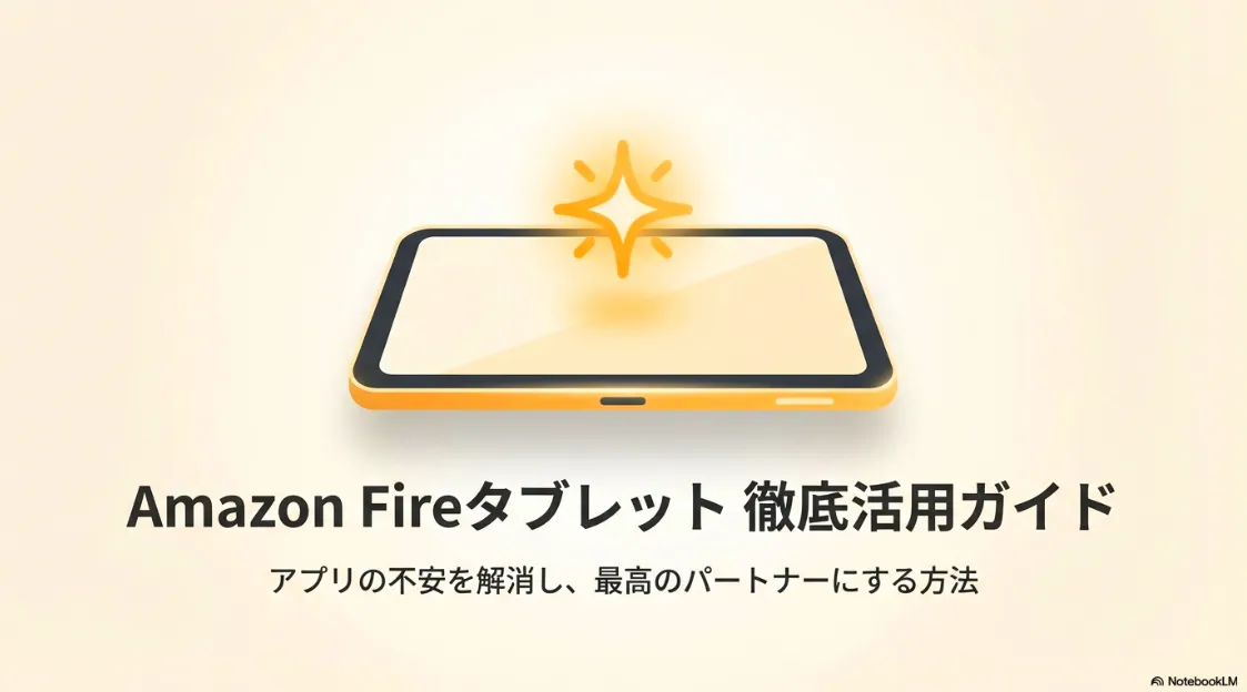 Amazon Fireタブレットのイラストと「徹底活用ガイド」のタイトルロゴ
