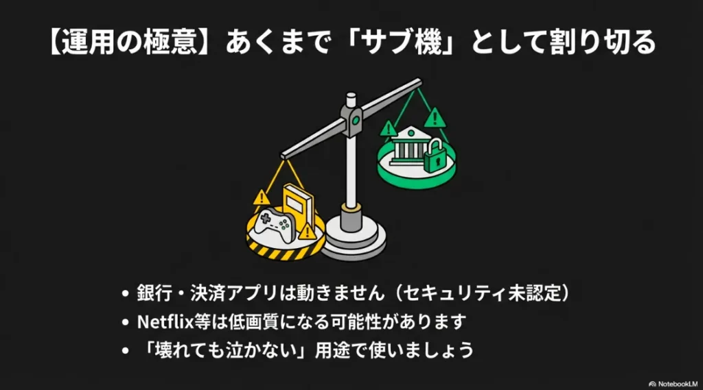 銀行・決済アプリが動かないことや、Netflixが低画質になる可能性を踏まえ、壊れても良いサブ機として使うべき理由を説明する画像