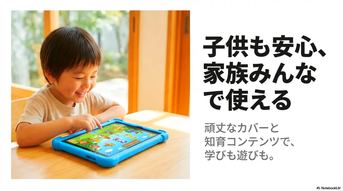 青い頑丈な保護カバーが付いたFire HD 10で、知育アプリを笑顔で操作している男の子