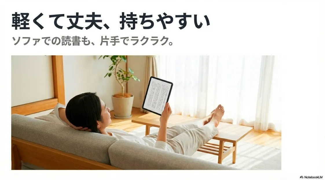 ソファで横になりながら、片手でFire HD 10を持ち、Kindle本(電子書籍)を読んでいる女性