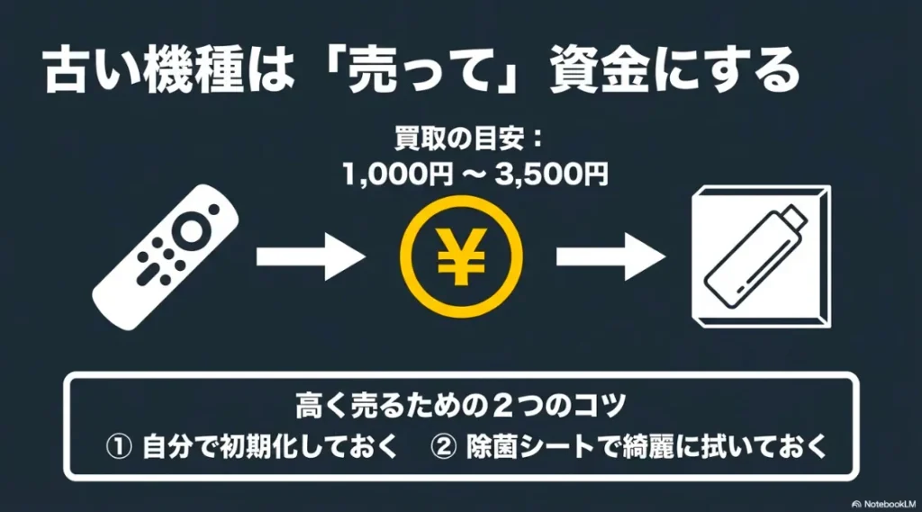 1,000円〜3,500円の買取目安と、初期化・清掃という高く売るための2つのコツを紹介する売却ガイドスライド