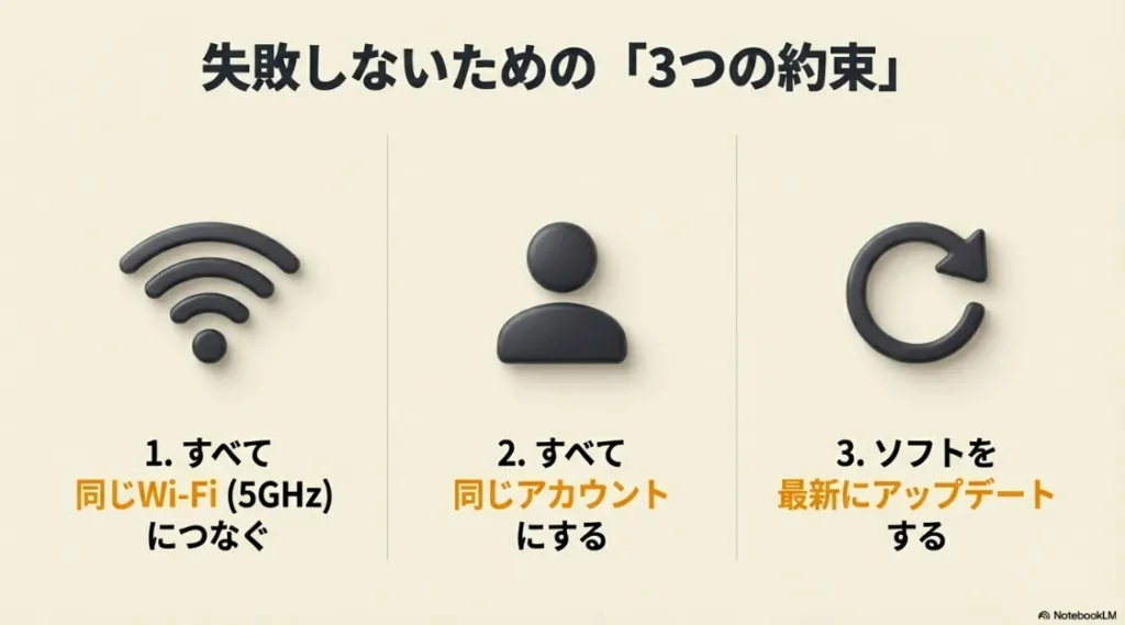 Wi-Fi 5GHz接続、アカウントの統一、ソフトの最新アップデートの3項目をまとめたチェックリスト