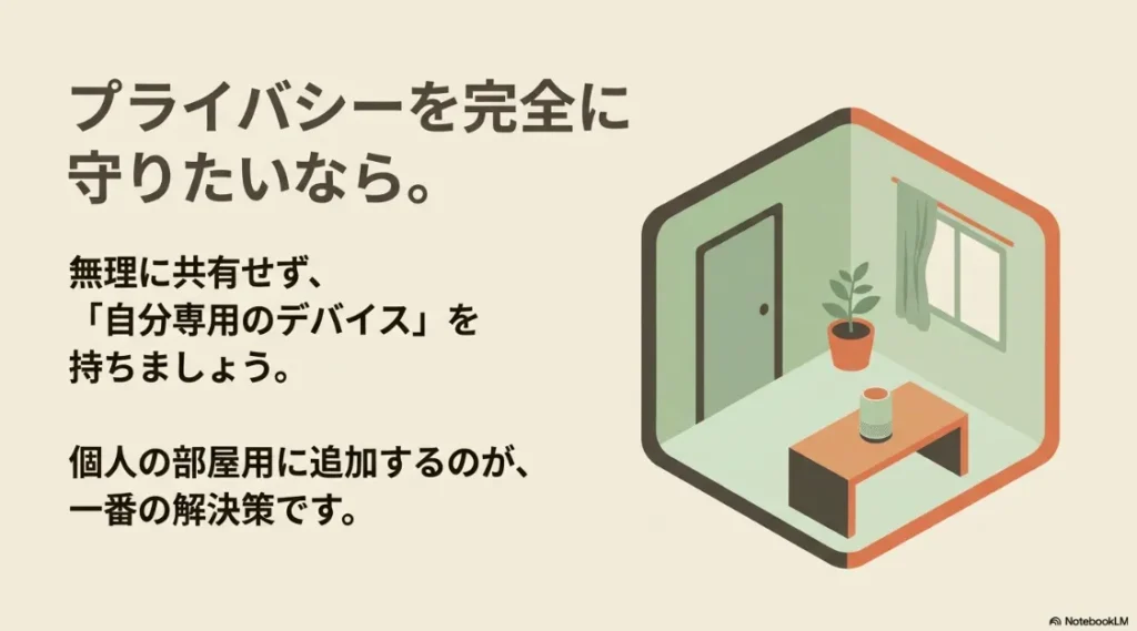個人の部屋に専用デバイスを置くことで、無理に共有せずプライバシーを完全に守る解決策