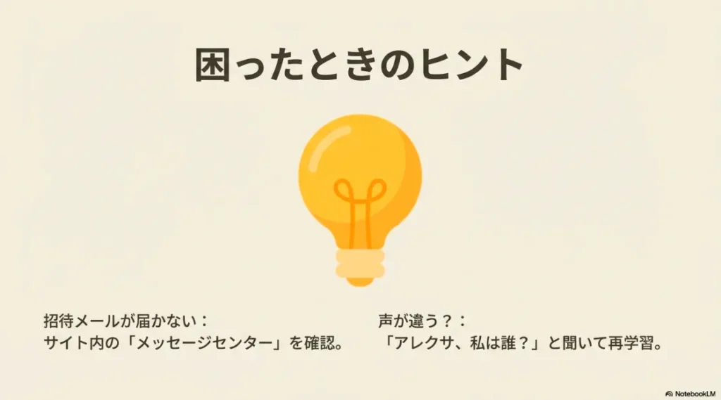 招待メールが届かない時の確認先や、声の再学習（「アレクサ、私は誰？」）についてのヒント