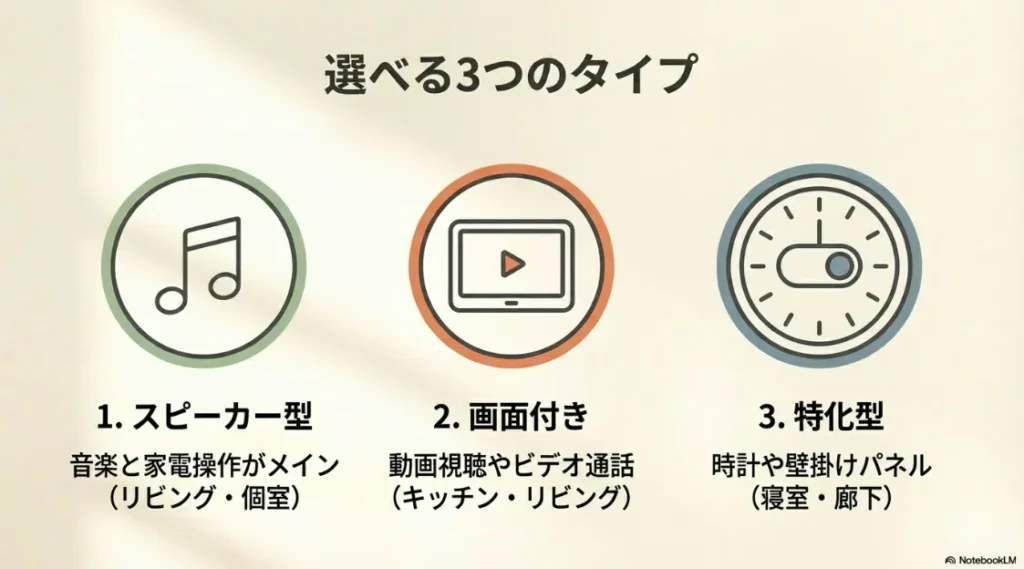 スピーカー型、画面付き、時計や壁掛けパネル等の特化型の3つのタイプと、それぞれの推奨設置場所（キッチン・寝室等）の解説