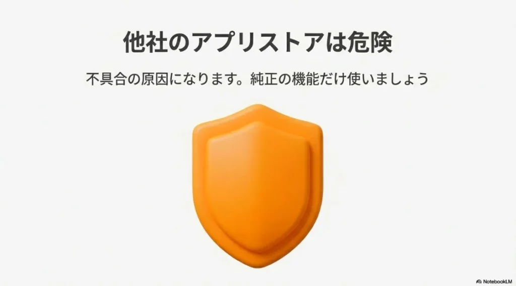 オレンジ色の盾（シールド）のアイコン。「他社のアプリストアは危険」「純正の機能だけ使いましょう」というセキュリティ上の警告