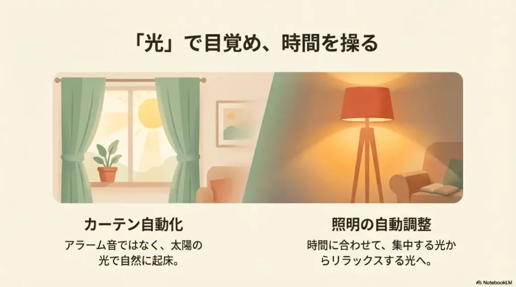 太陽の光で起きるカーテン自動化と、時間に合わせて色味を変える照明の自動調整のイメージ