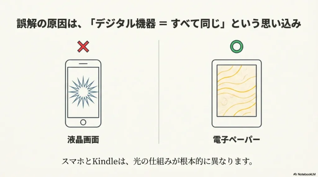 誤解の原因は「デジタル機器はすべて同じ」という思い込みにあることを示す図解