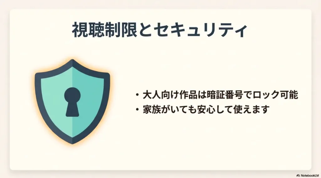 大人向け作品を暗証番号でロック可能。家族がいても安心して使えるセキュリティ機能の説明