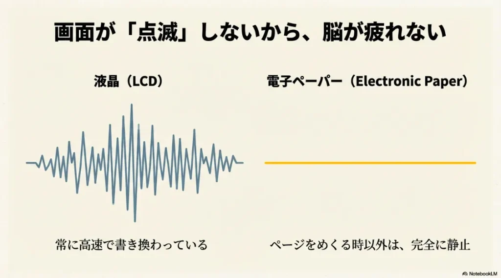 高速で点滅する液晶（LCD）と、ページめくり時以外は完全に静止する電子ペーパーの比較図
