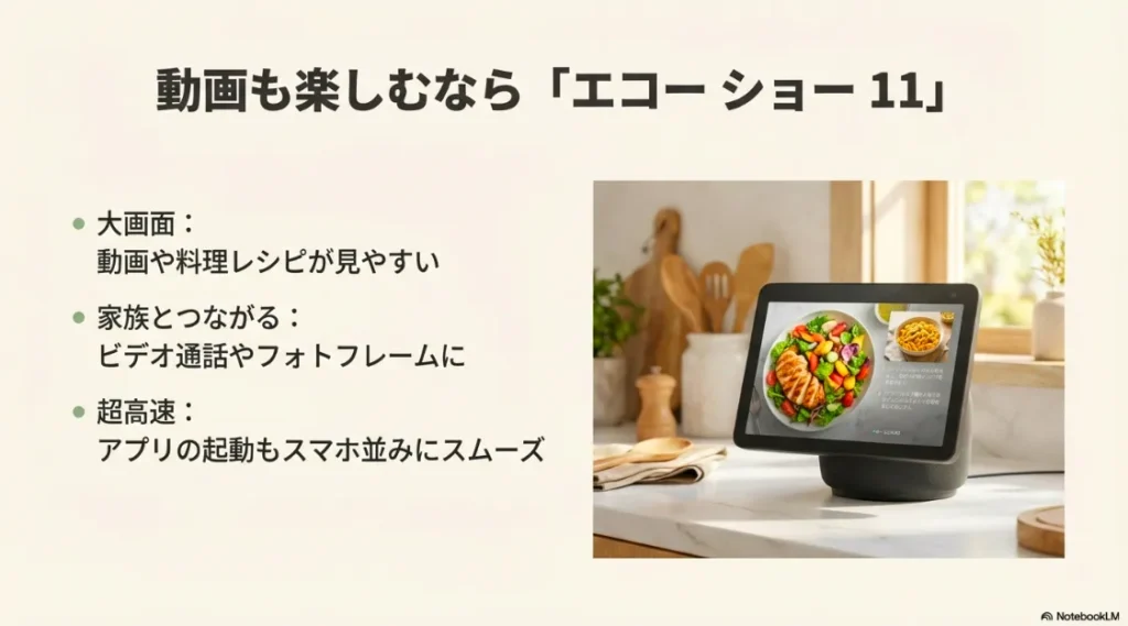 大画面で料理レシピや動画が見やすく、家族とつながるビデオ通話機能や超高速アプリ起動を備えたエコーショー11の紹介