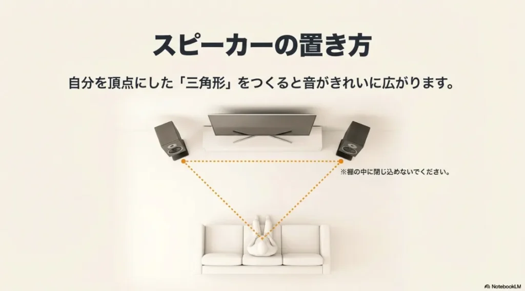 視聴者と2台のスピーカーを頂点とした三角形の配置図。棚の中に閉じ込めない注意書き