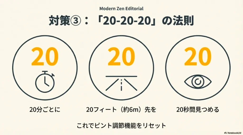 20分ごとに20フィート先を20秒間見つめてピント調節機能をリセットする「20-20-20の法則」