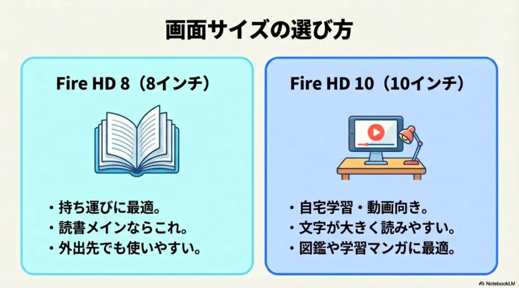 持ち運びに適した8インチと、自宅学習や動画・図鑑に最適な10インチの用途別解説