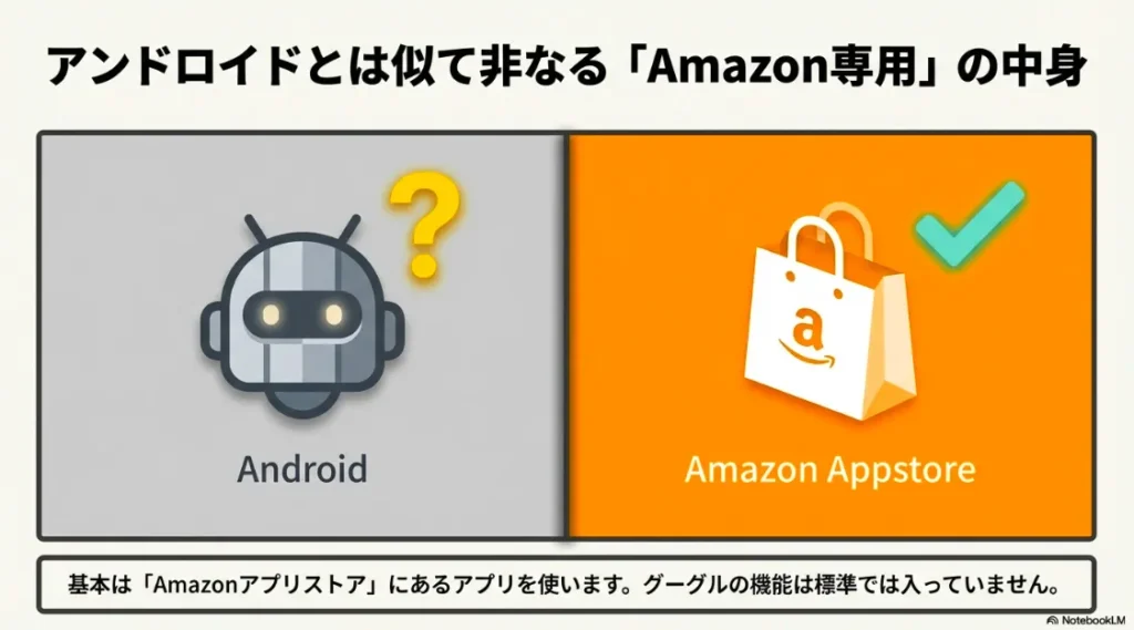 Amazonアプリストアのアイコンと、Fire OSにはGoogle機能が標準搭載されていないことを示す図解