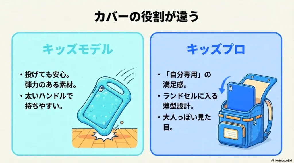 投げても安心なハンドル付きのキッズモデル用カバーと、ランドセルに入る薄型設計のキッズプロ用カバーの比較