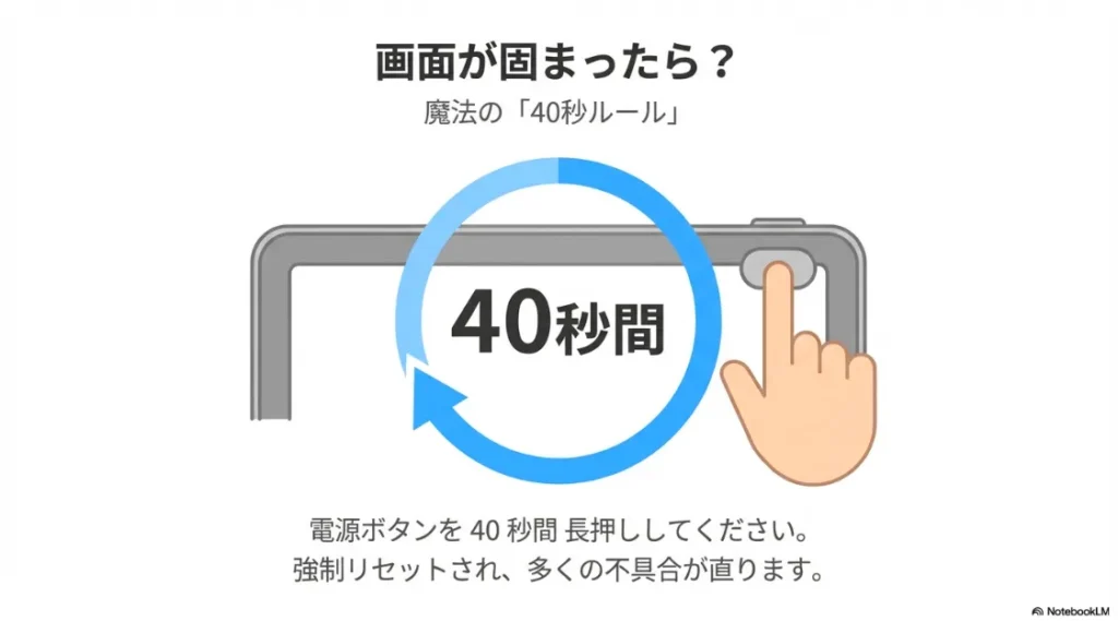 画面が固まった際に電源ボタンを40秒間長押しして不具合を直す強制リセットの手順