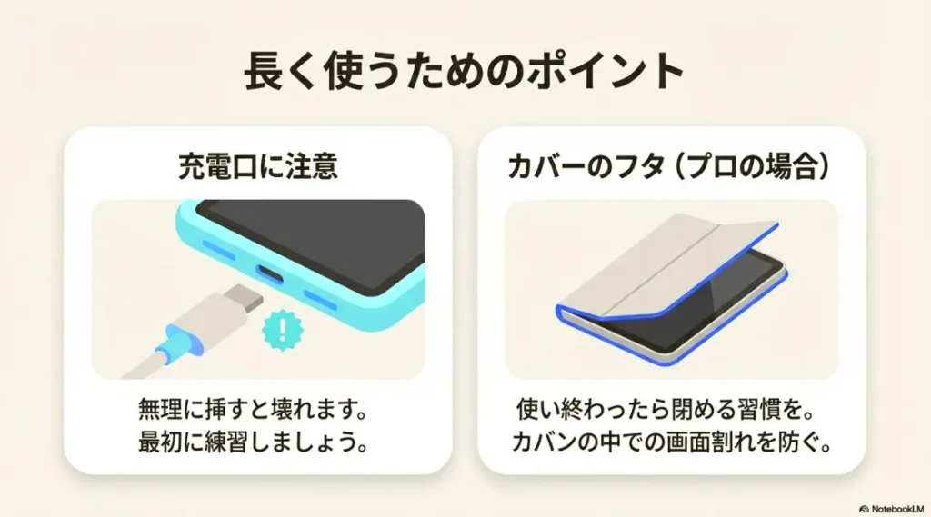 充電口を壊さないための注意と、キッズプロのカバーのフタを閉めて画面割れを防ぐ習慣についての解説