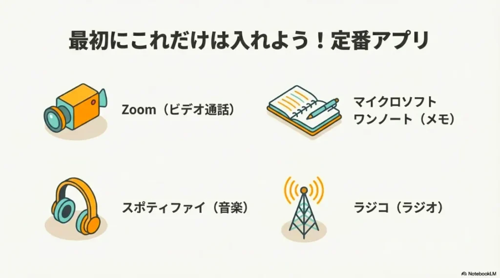Zoom、OneNote、Spotify、radikoのアイコンと、Fireタブレットのおすすめ定番アプリの紹介