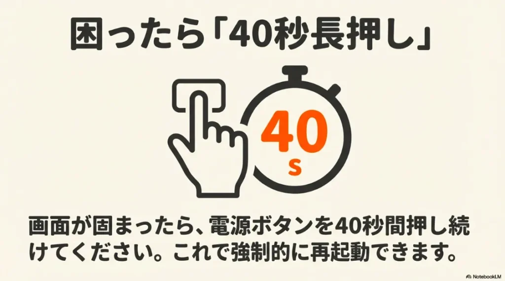 画面が固まったトラブルの際、電源ボタンを40秒間押し続けて強制再起動する方法を解説する図解