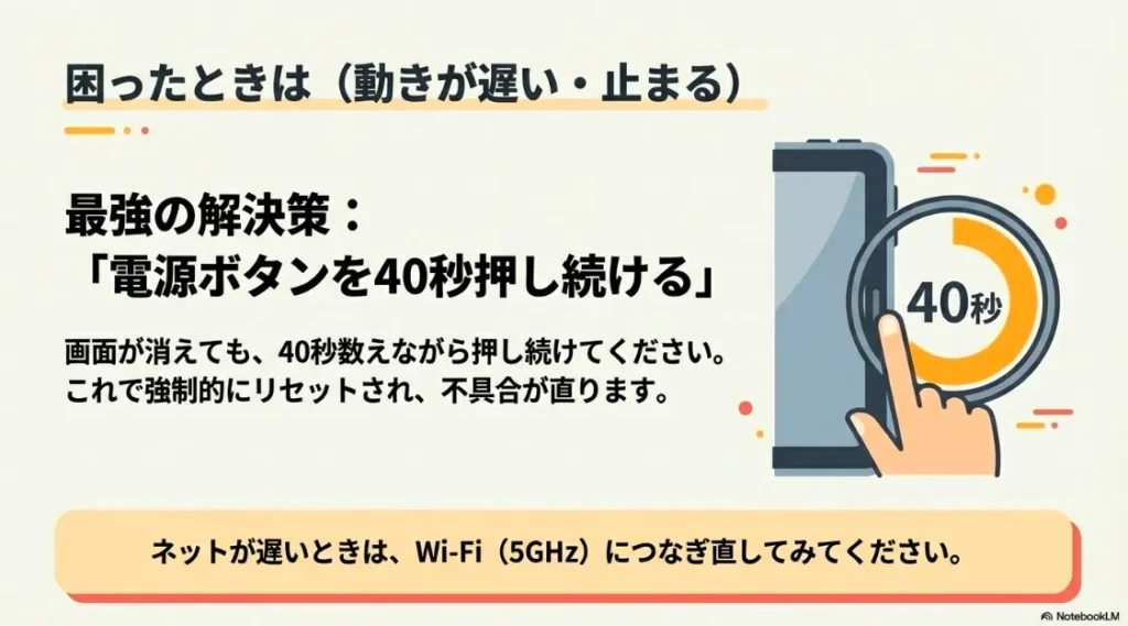動作が遅い・止まるときの解決策として、電源ボタンを40秒押し続ける方法を解説するスライド