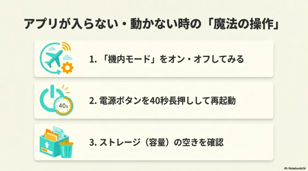 機内モードのオンオフ、40秒電源長押し再起動、ストレージ確認の3ステップを説明するイラスト
