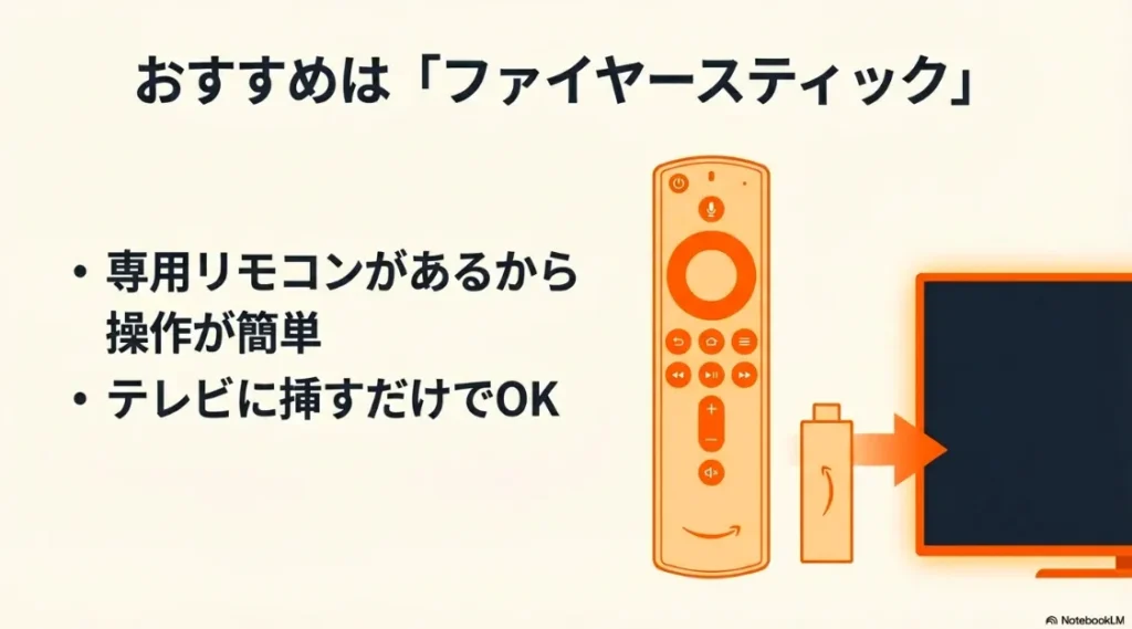 専用リモコンで操作が簡単、テレビのHDMI端子に挿すだけでOKなFire TV Stickの利点