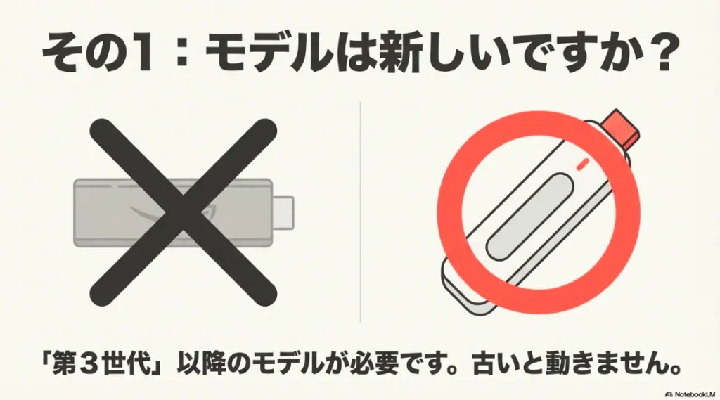 Lemino視聴には第3世代以降のモデルが必要であることを示す、新旧モデルの比較・対応図
