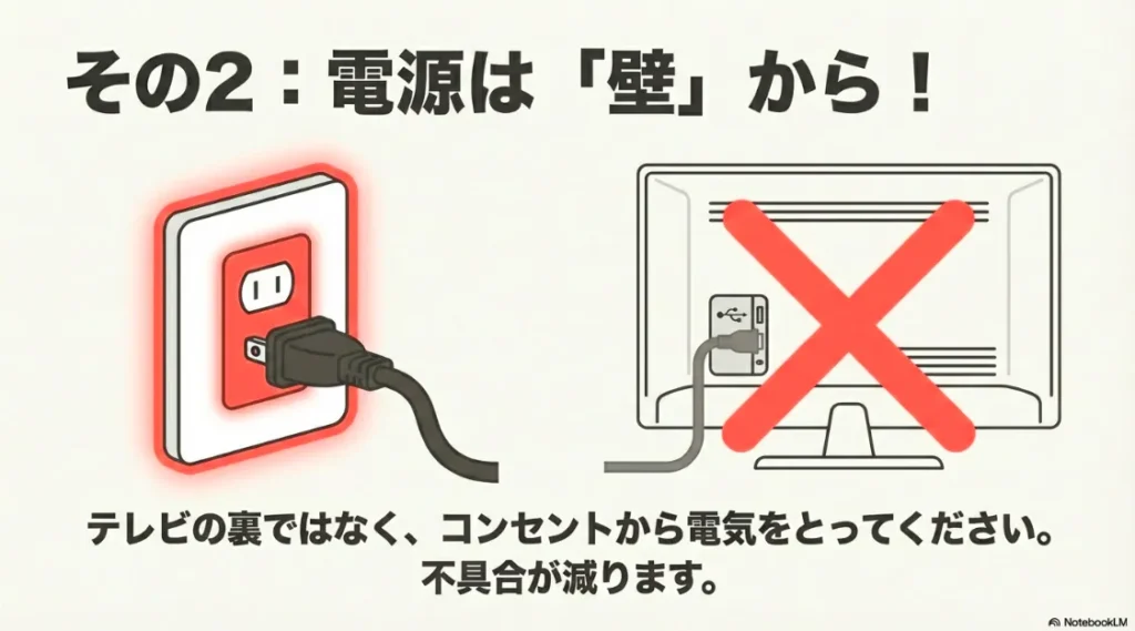 不具合を減らすため、テレビの裏ではなく壁のコンセントから電源を取ることを推奨するイラスト