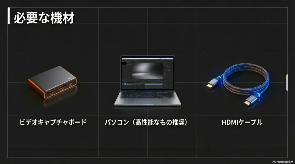 ビデオキャプチャボード、高性能PC、HDMIケーブルなど、録画環境構築に必須となる機材一覧