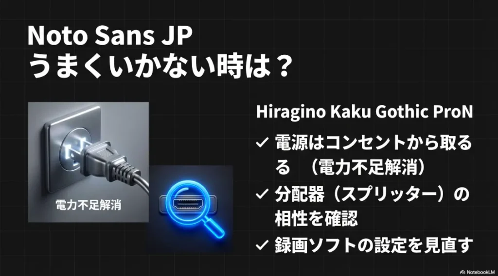 コンセントからの給電、分配器の相性確認、録画ソフトの設定見直しなどトラブル解決のヒント