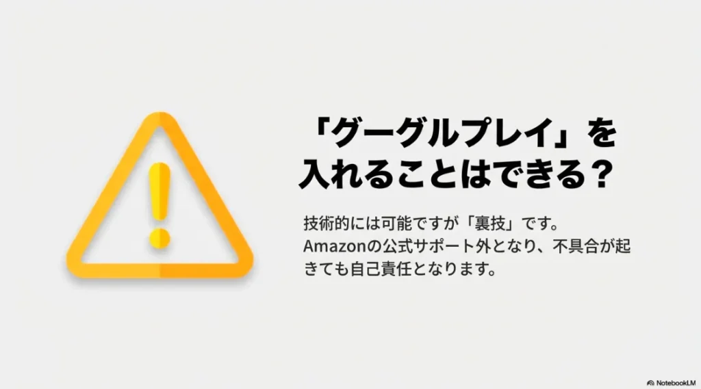 警告アイコンと共に、Google Play導入は公式サポート外の「裏技」であり自己責任であることを伝えるスライド