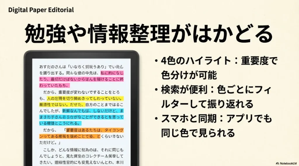 重要度で4色に色分けできるハイライト機能。色ごとのフィルター検索や、スマホアプリとの同期ができるメリットの解説