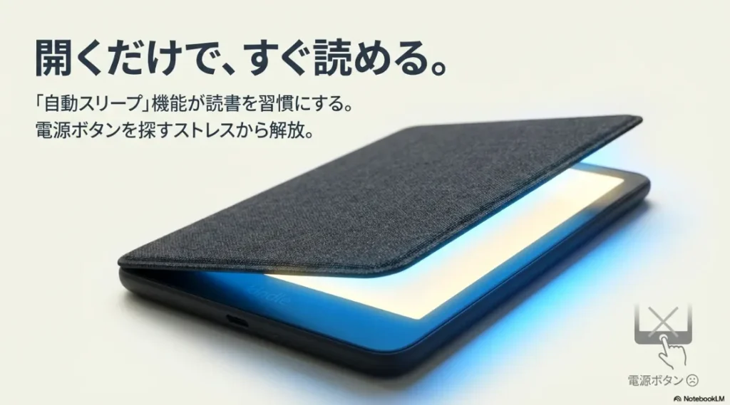 電源ボタンを探すストレスから解放され、開くだけですぐに読めるオートスリープ機能のメリットを説明したイラスト