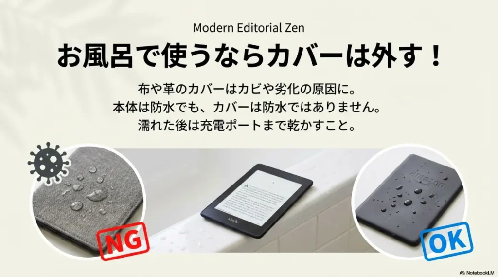 本体は防水でもカバーは非防水であること、布や革のカバーはカビや劣化の原因になるため外すべきであることを示す警告