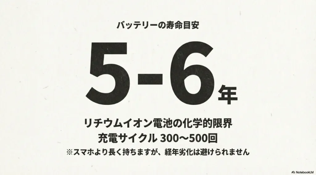 Kindleのバッテリー寿命は約5〜6年、充電サイクル300〜500回が化学的な限界の目安であることを示す画像