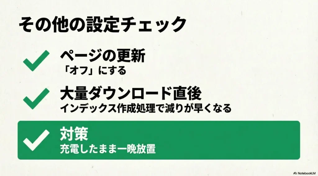 ページの更新をオフにすることや、大量ダウンロード直後のインデックス作成中は充電したまま放置することを説明する画像