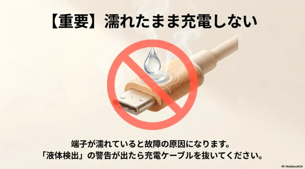 充電端子が濡れている時の故障リスクと液体検出警告が出た際の対処法
