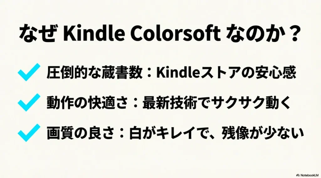 Kindleストアの圧倒的な蔵書数、最新技術によるサクサクした動作、残像が少なく白が綺麗な画質の良さという3つの選ぶ理由