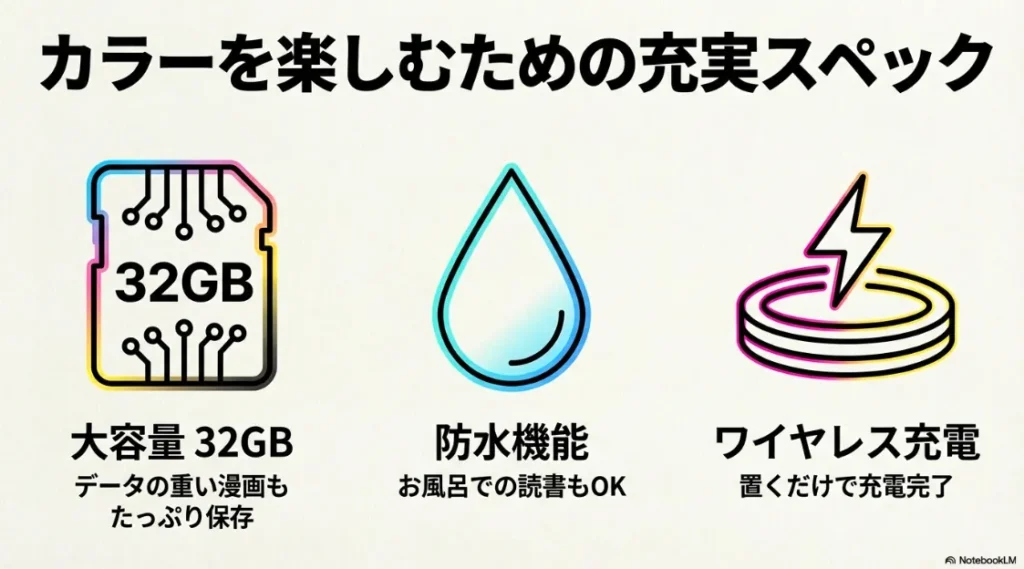カラー漫画もたっぷり保存できる32GBの大容量、お風呂読書が可能な防水機能、置くだけで充電できるワイヤレス充電の紹介