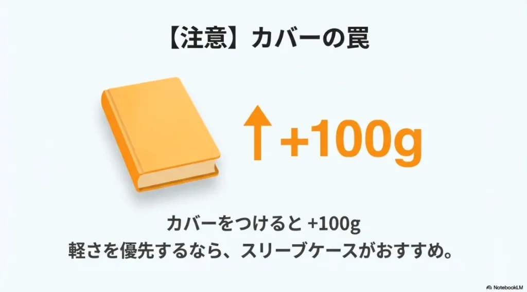 「カバーの罠」として、装着により100g重くなること、軽さを優先するならスリーブケースがおすすめであることを伝える注意喚起のスライド