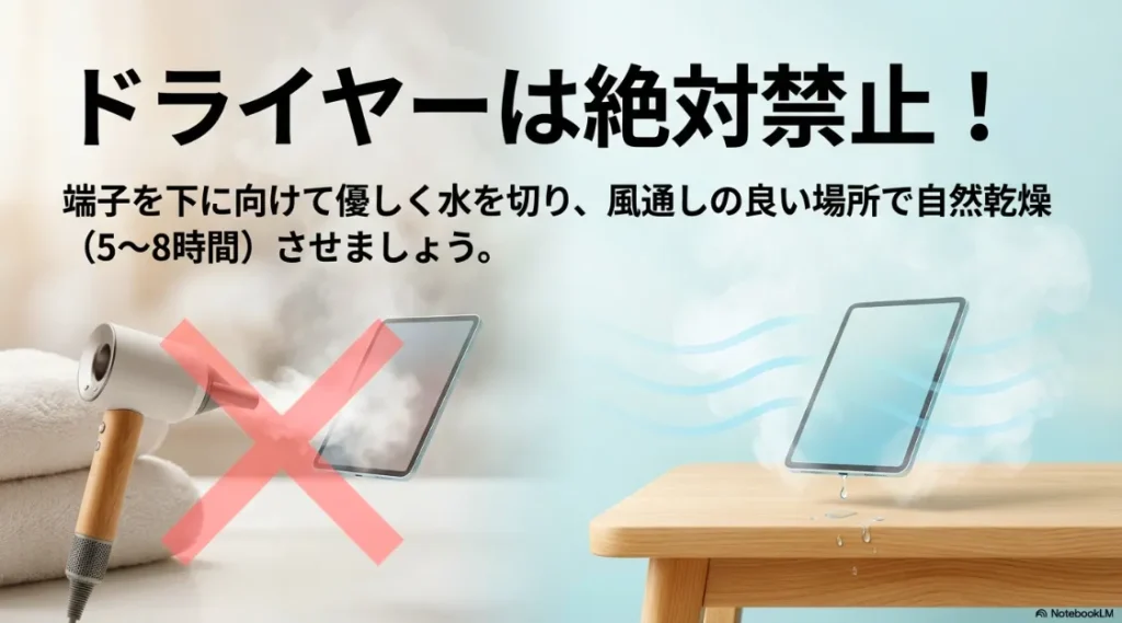 ドライヤー使用禁止の注意と、端子を下にして自然乾燥させる正しい手順