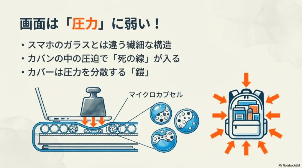 マイクロカプセル構造の図解。カバンの中の圧迫で「死の線」が入るリスクと、圧力を分散するカバーの役割を説明