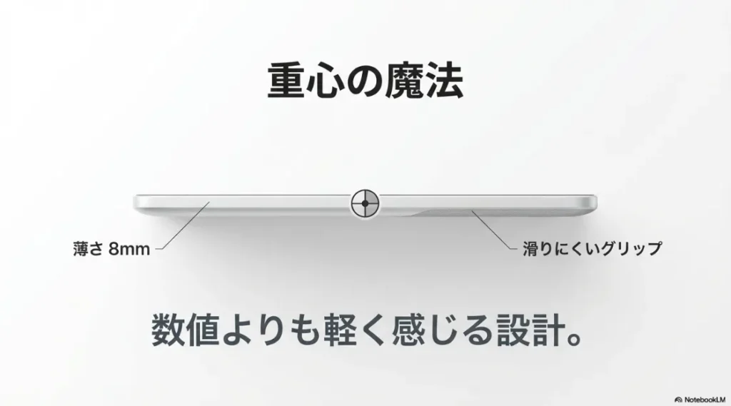 本体の薄さ8mmと滑りにくいグリップを紹介。重心の設計（重心の魔法）により、数値よりも軽く感じる工夫を説明するスライド