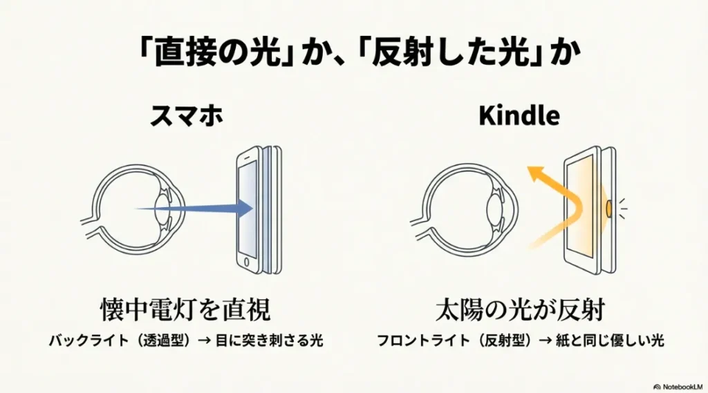 スマホの直接目に刺さる「バックライト」と、Kindleの紙と同じ優しい「フロントライト」の仕組みの違い
