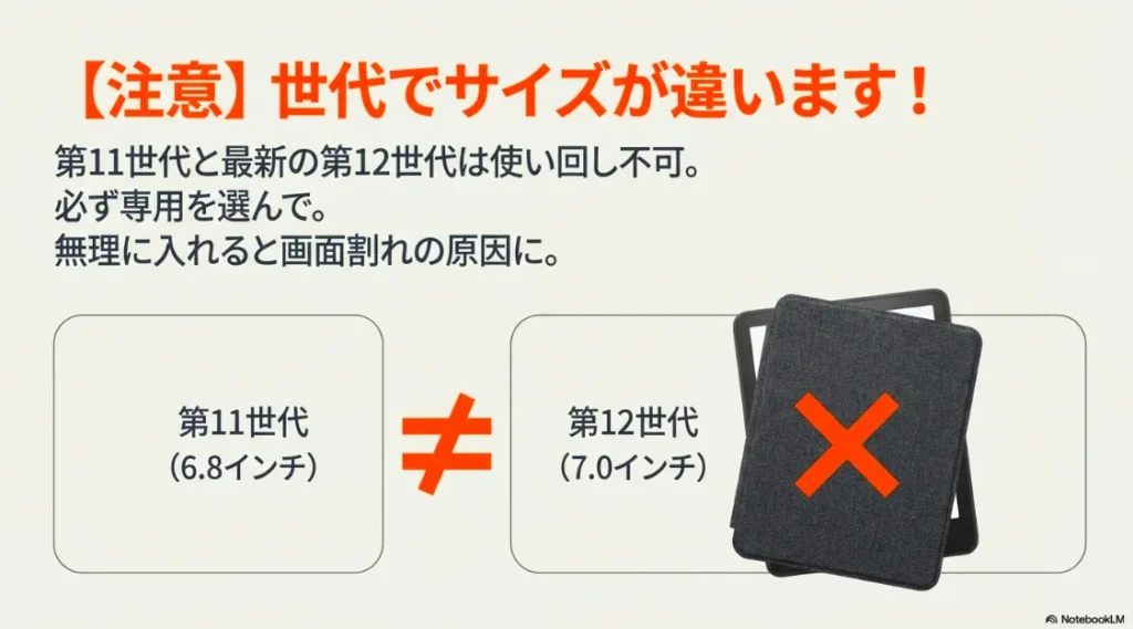 第11世代（6.8インチ）と第12世代（7.0インチ）はサイズが異なり、カバーの使い回しが不可であることを強調する警告